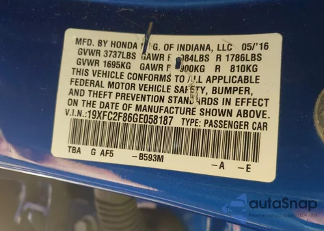 2016 Honda Civic Ex из США, поврежденный, VIN 19XFC2F86GE058187